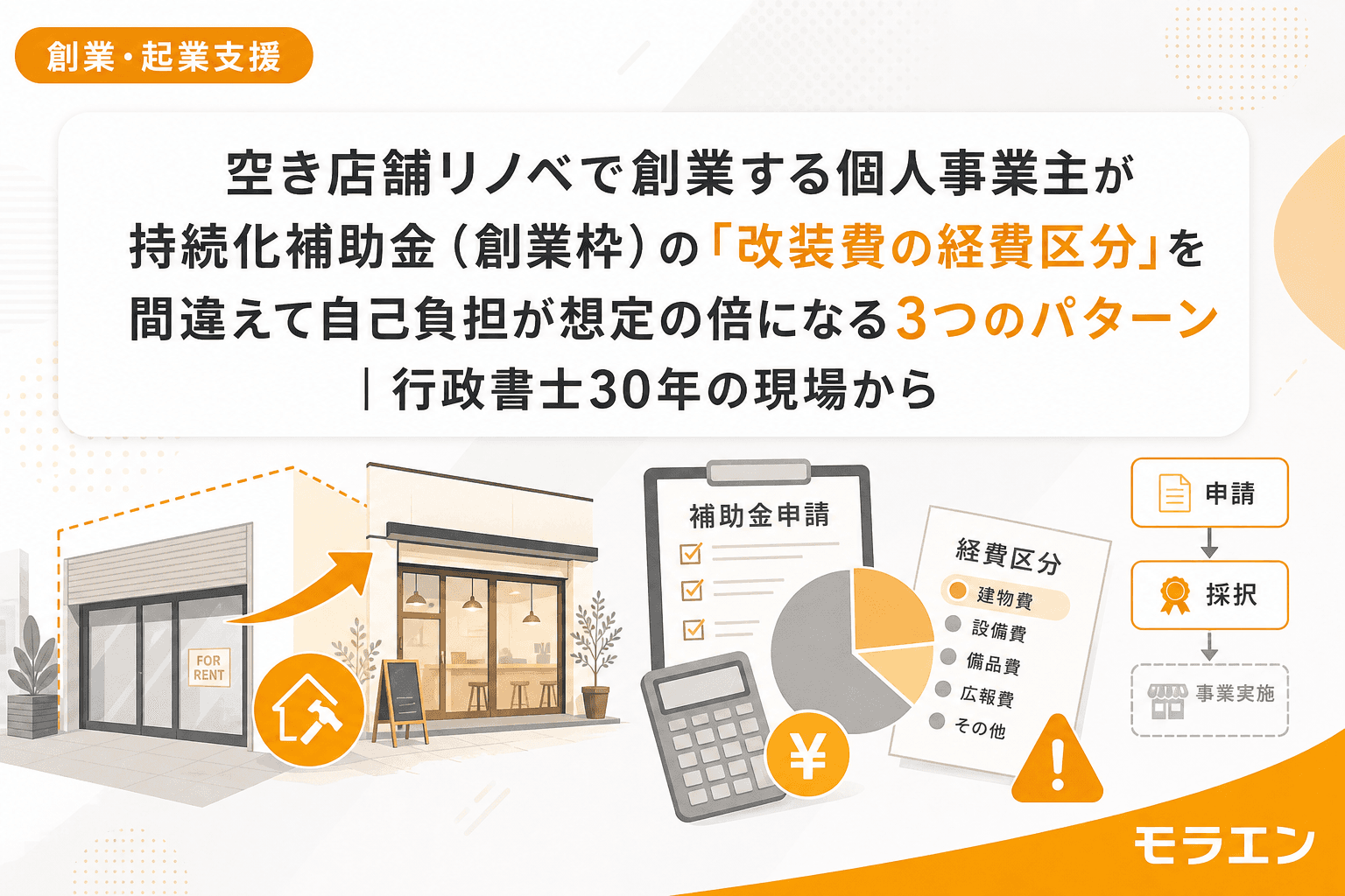 空き店舗リノベで創業する個人事業主が持続化補助金(創業枠)の「改装費の経費区分」を間違えて自己負担が想定の倍になる3つのパターン|行政書士30年の現場から