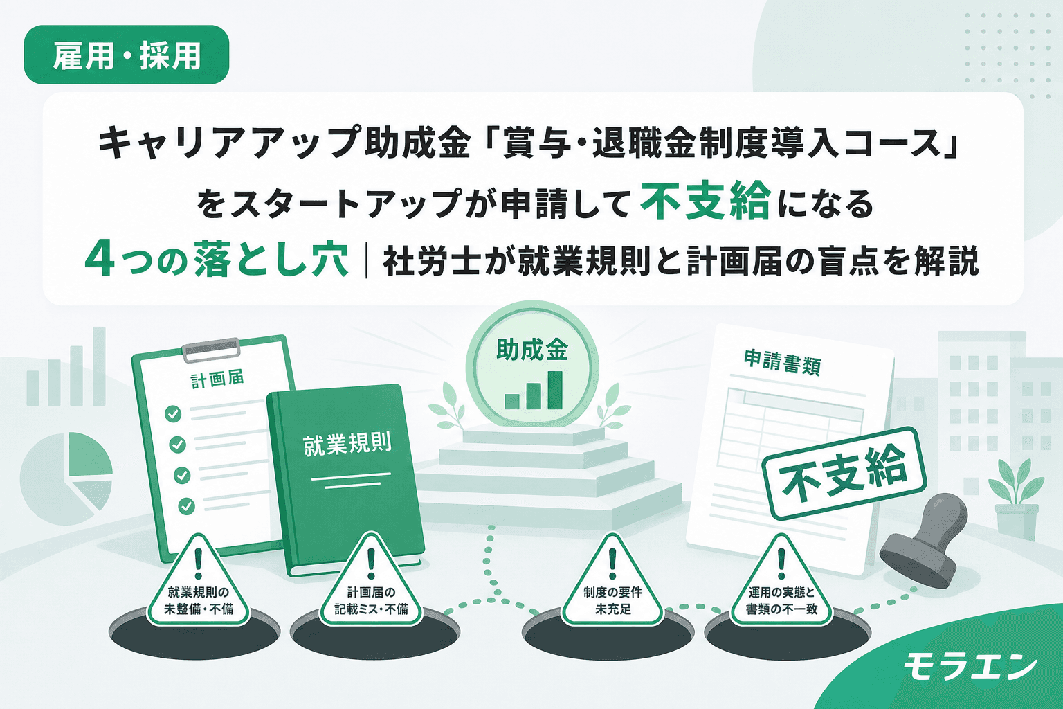 キャリアアップ助成金「賞与・退職金制度導入コース」をスタートアップが申請して不支給になる4つの落とし穴|社労士が就業規則と計画届の盲点を解説