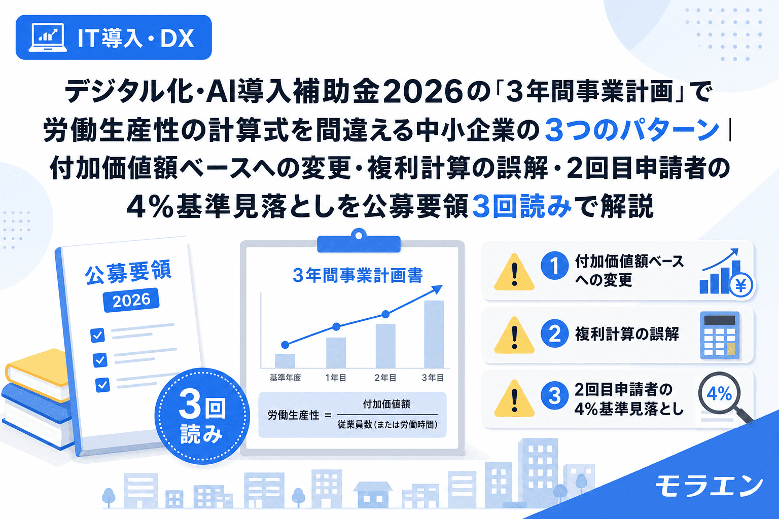 デジタル化・AI導入補助金2026の「3年間事業計画」で労働生産性の計算式を間違える中小企業の3つのパターン|付加価値額ベースへの変更・複利計算の誤解・2回目申請者の4%基準見落としを公募要領3回読みで解説