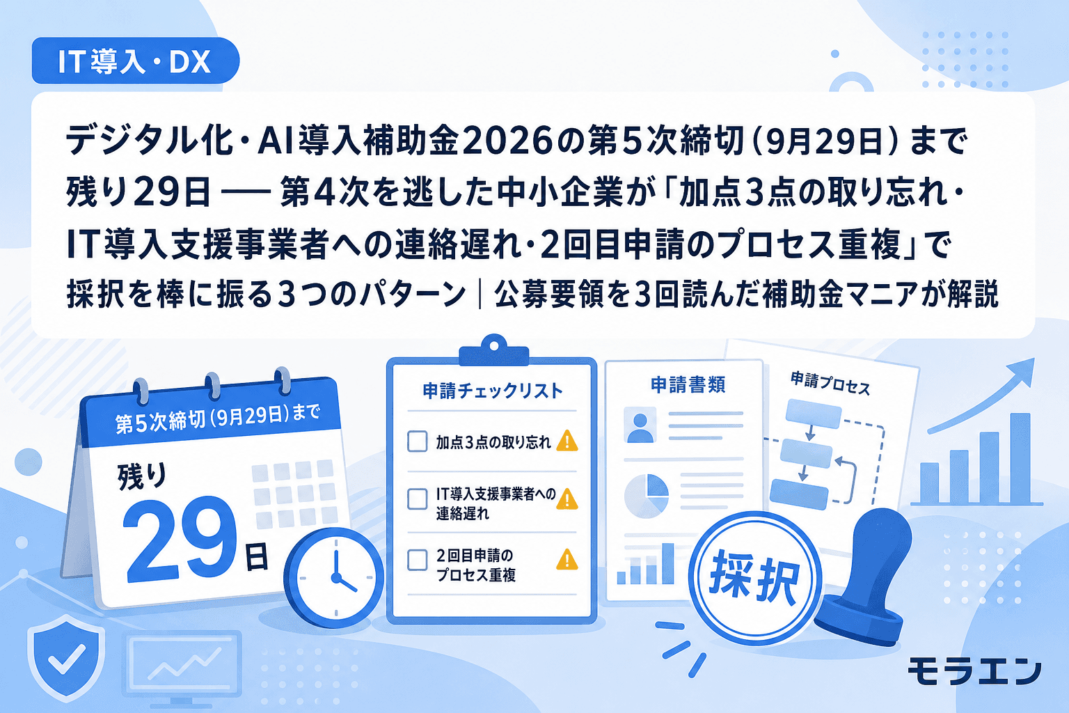 デジタル化・AI導入補助金2026の第5次締切(9月29日)まで残り29日——第4次を逃した中小企業が「加点3点の取り忘れ・IT導入支援事業者への連絡遅れ・2回目申請のプロセス重複」で採択を棒に振る3つのパターン|公募要領を3回読んだ補助金マニアが解説