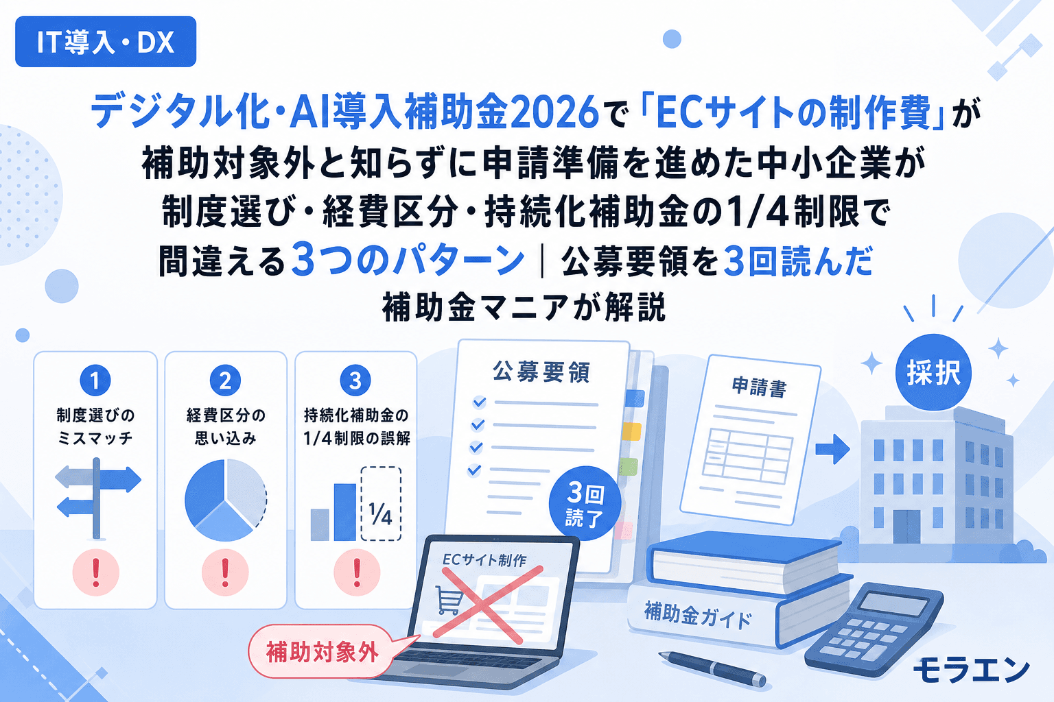 デジタル化・AI導入補助金2026で「ECサイトの制作費」が補助対象外と知らずに申請準備を進めた中小企業が制度選び・経費区分・持続化補助金の1/4制限で間違える3つのパターン|公募要領を3回読んだ補助金マニアが解説
