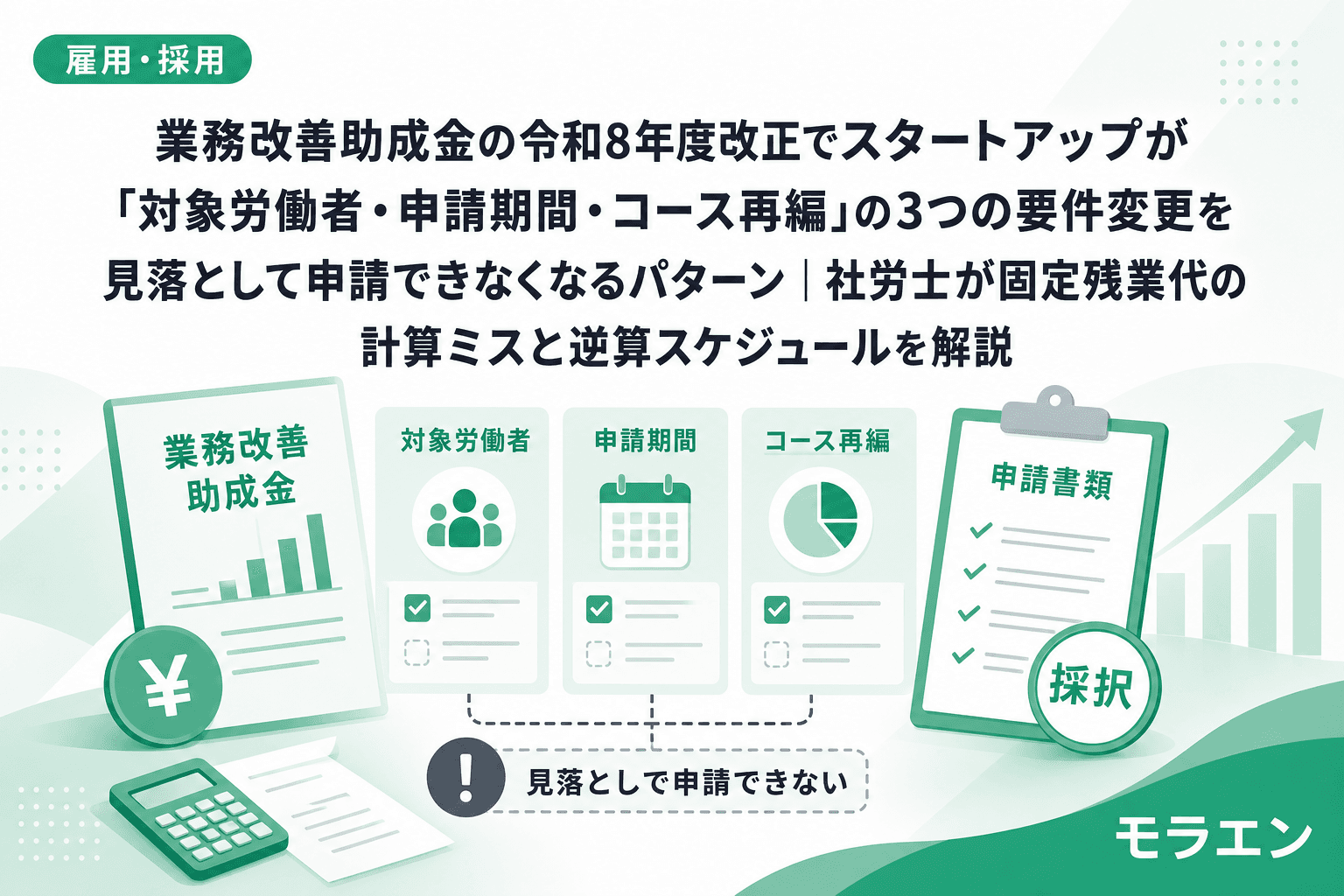業務改善助成金の令和8年度改正でスタートアップが「対象労働者・申請期間・コース再編」の3つの要件変更を見落として申請できなくなるパターン|社労士が固定残業代の計算ミスと逆算スケジュールを解説