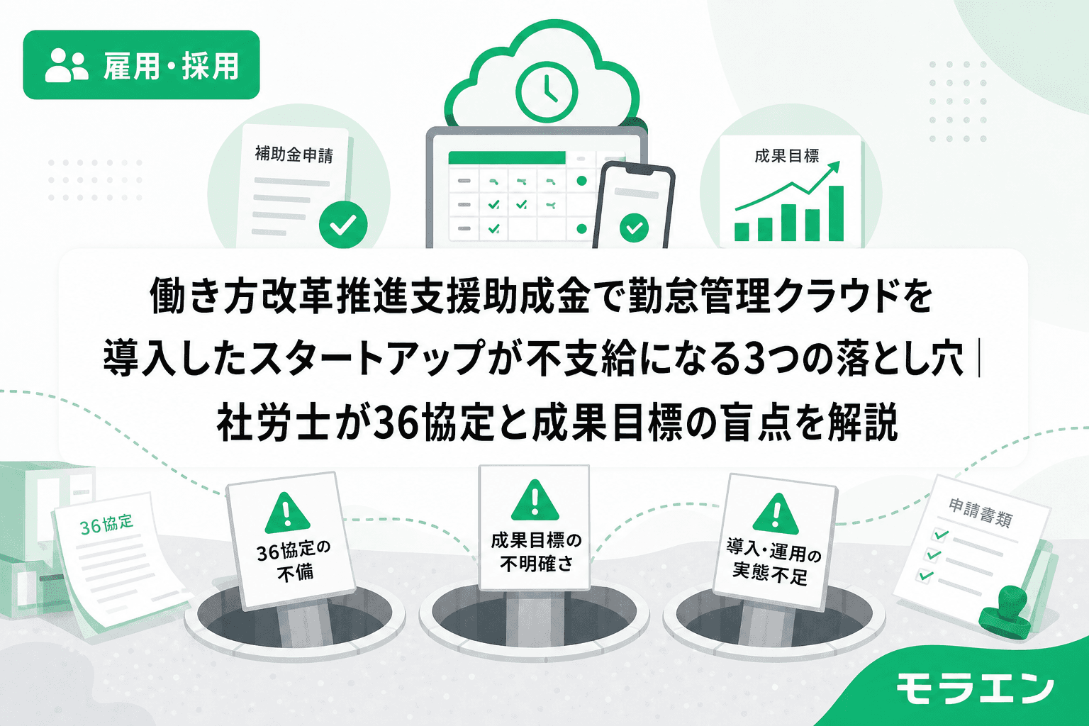 働き方改革推進支援助成金で勤怠管理クラウドを導入したスタートアップが不支給になる3つの落とし穴|社労士が36協定と成果目標の盲点を解説