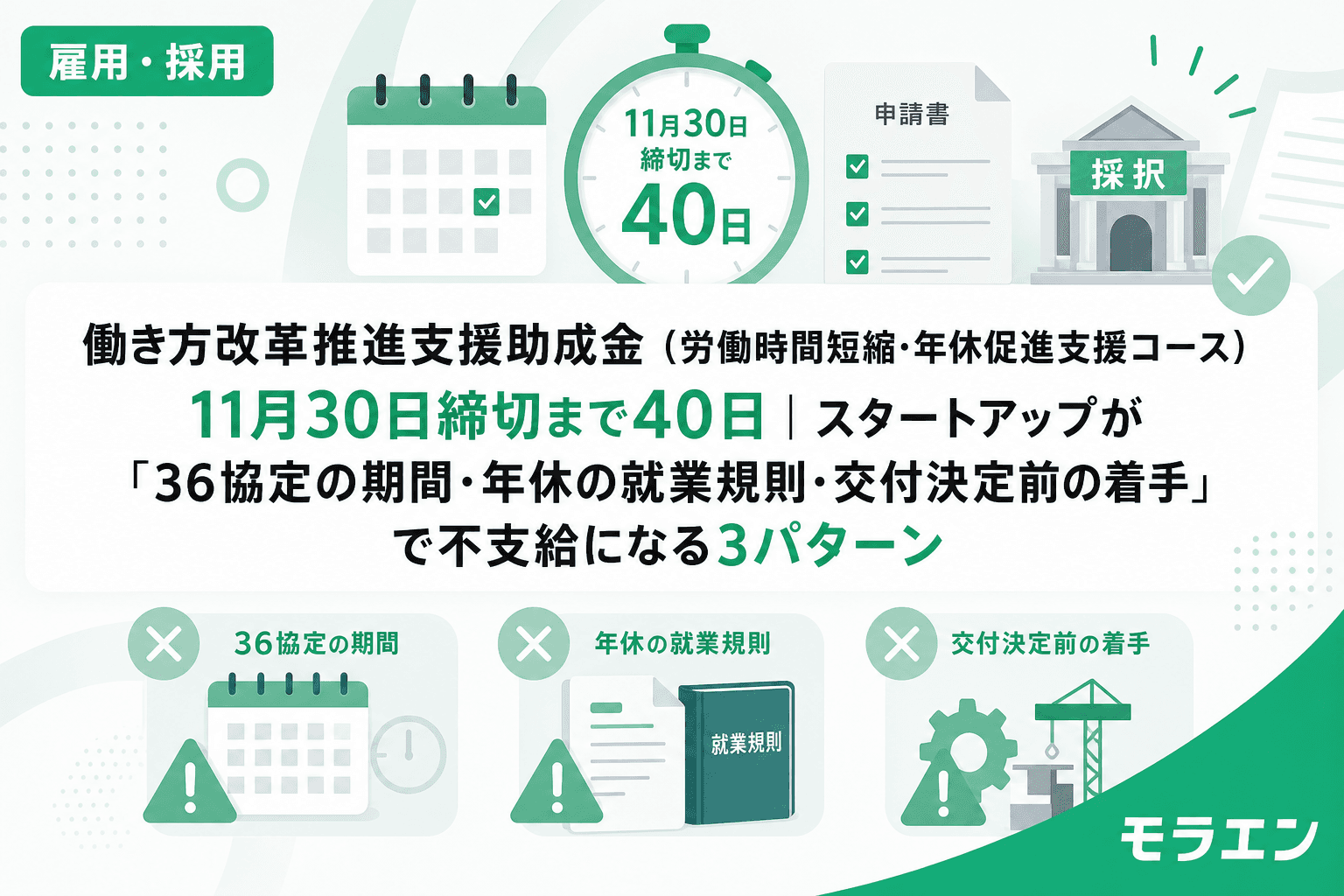 働き方改革推進支援助成金(労働時間短縮・年休促進支援コース)11月30日締切まで40日|スタートアップが「36協定の期間・年休の就業規則・交付決定前の着手」で不支給になる3パターン