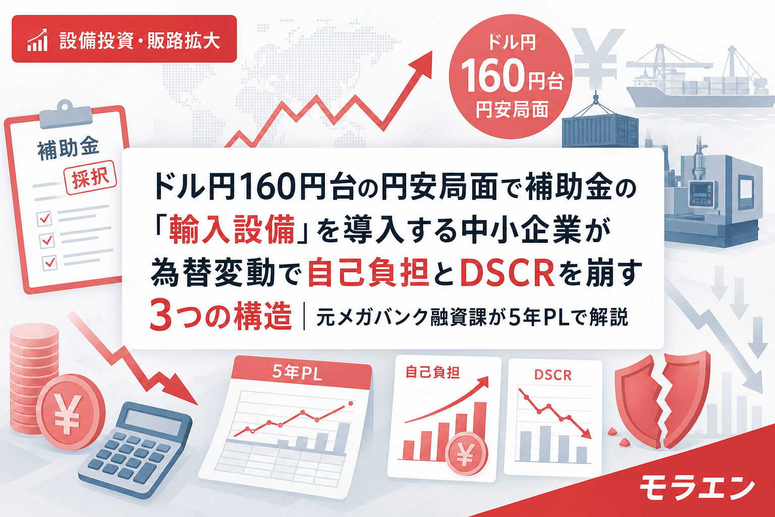 ドル円160円台の円安局面で補助金の「輸入設備」を導入する中小企業が為替変動で自己負担とDSCRを崩す3つの構造|元メガバンク融資課が5年PLで解説