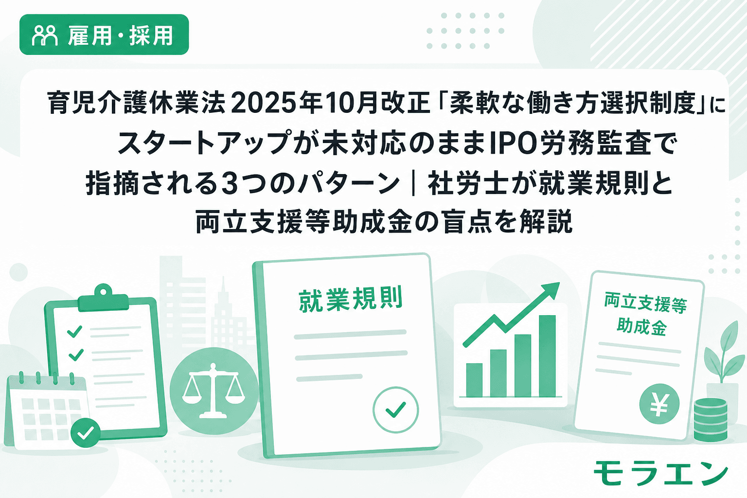 育児介護休業法2025年10月改正「柔軟な働き方選択制度」にスタートアップが未対応のままIPO労務監査で指摘される3つのパターン|社労士が就業規則と両立支援等助成金の盲点を解説