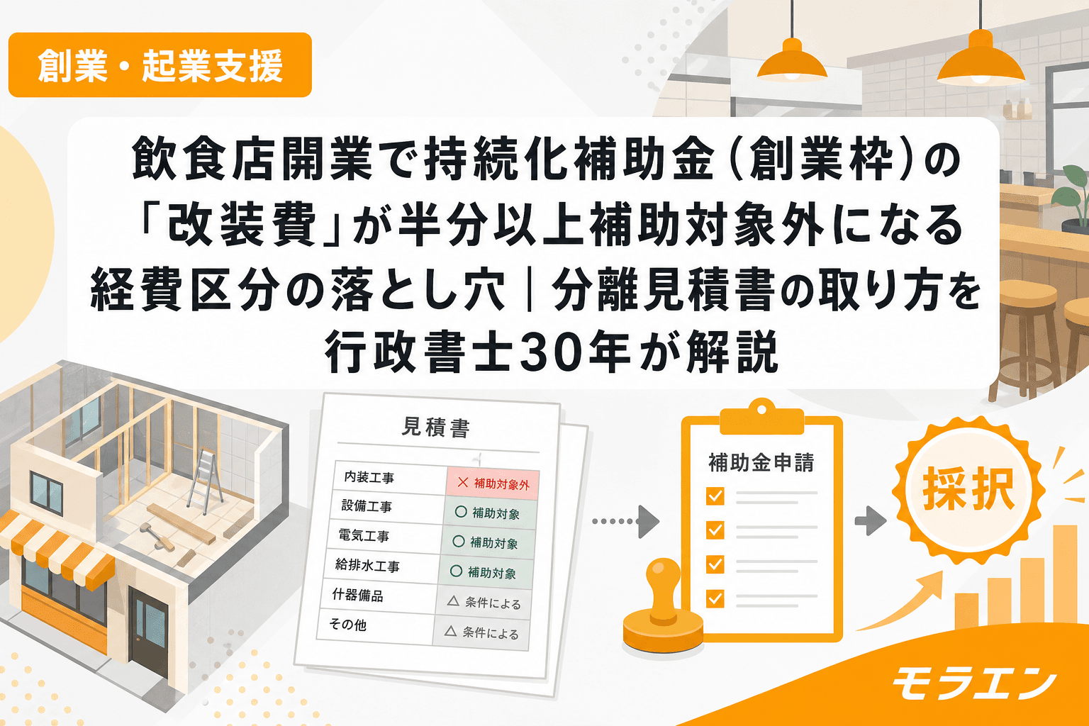 飲食店開業で持続化補助金(創業枠)の「改装費」が半分以上補助対象外になる経費区分の落とし穴|分離見積書の取り方を行政書士30年が解説