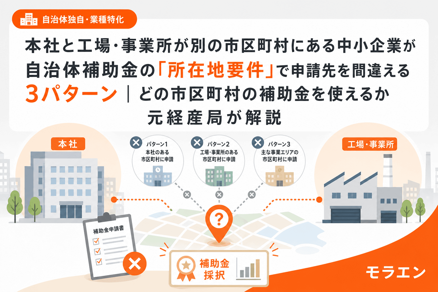 本社と工場・事業所が別の市区町村にある中小企業が自治体補助金の「所在地要件」で申請先を間違える3パターン|どの市区町村の補助金を使えるか元経産局が解説
