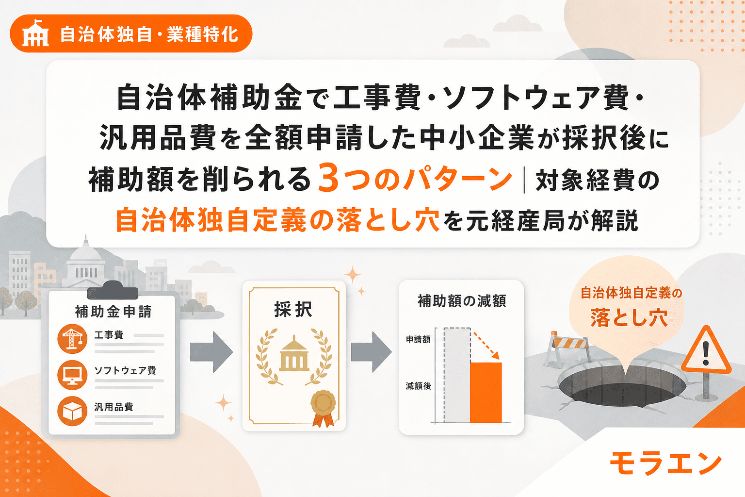 自治体補助金で工事費・ソフトウェア費・汎用品費を全額申請した中小企業が採択後に補助額を削られる3つのパターン|対象経費の自治体独自定義の落とし穴を元経産局が解説