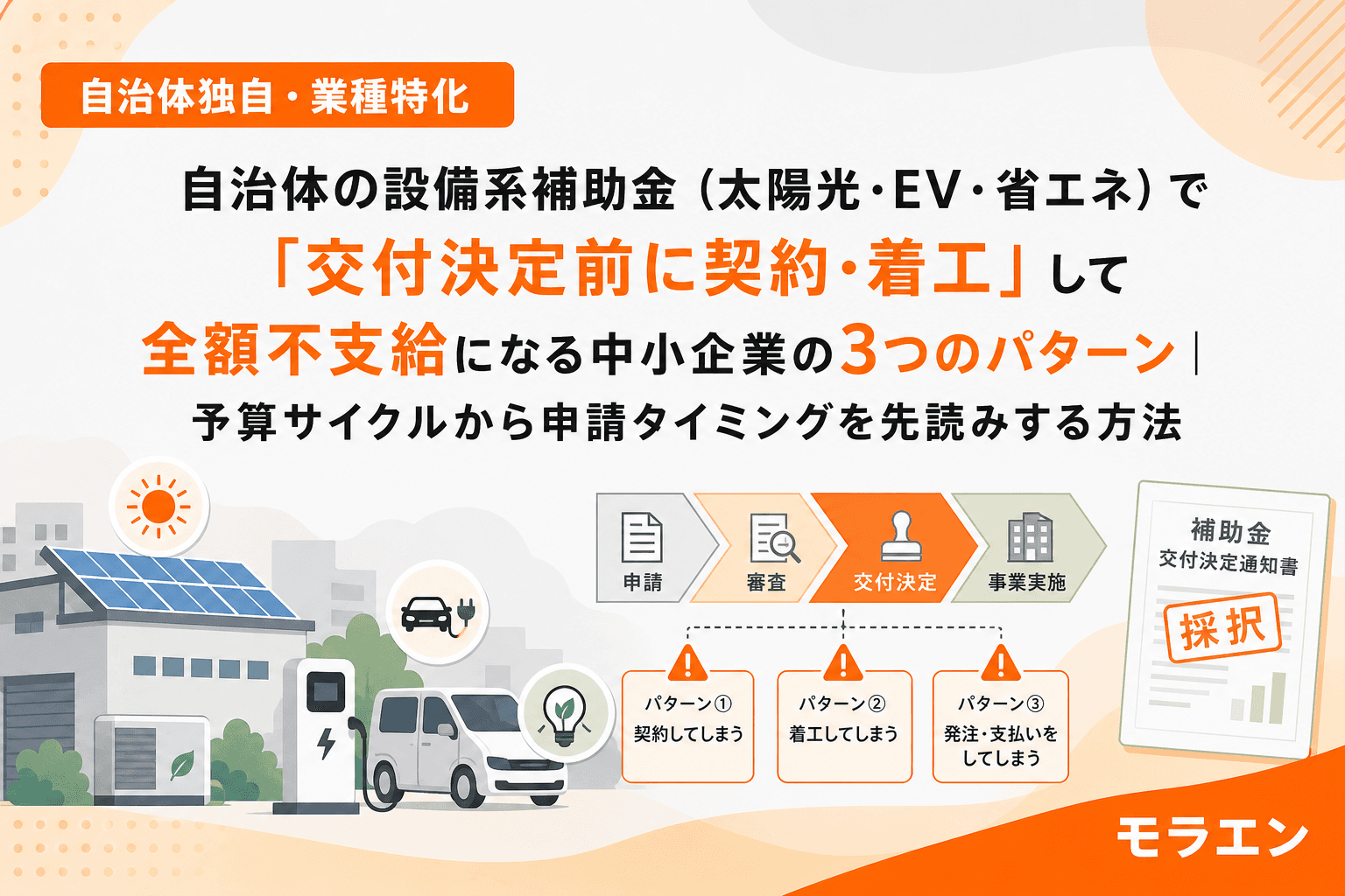 自治体の設備系補助金(太陽光・EV・省エネ)で「交付決定前に契約・着工」して全額不支給になる中小企業の3つのパターン|予算サイクルから申請タイミングを先読みする方法