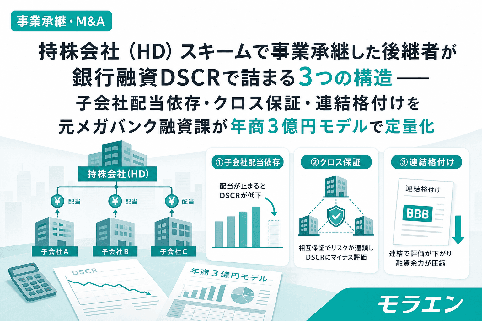 持株会社(HD)スキームで事業承継した後継者が銀行融資DSCRで詰まる3つの構造——子会社配当依存・クロス保証・連結格付けを元メガバンク融資課が年商3億円モデルで定量化