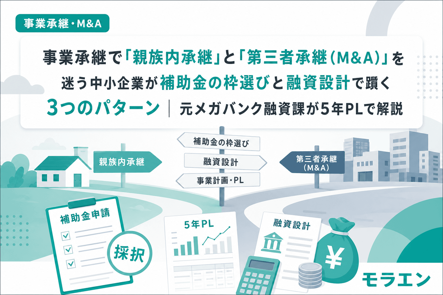 事業承継で「親族内承継」と「第三者承継(M&A)」を迷う中小企業が補助金の枠選びと融資設計で躓く3つのパターン|元メガバンク融資課が5年PLで解説