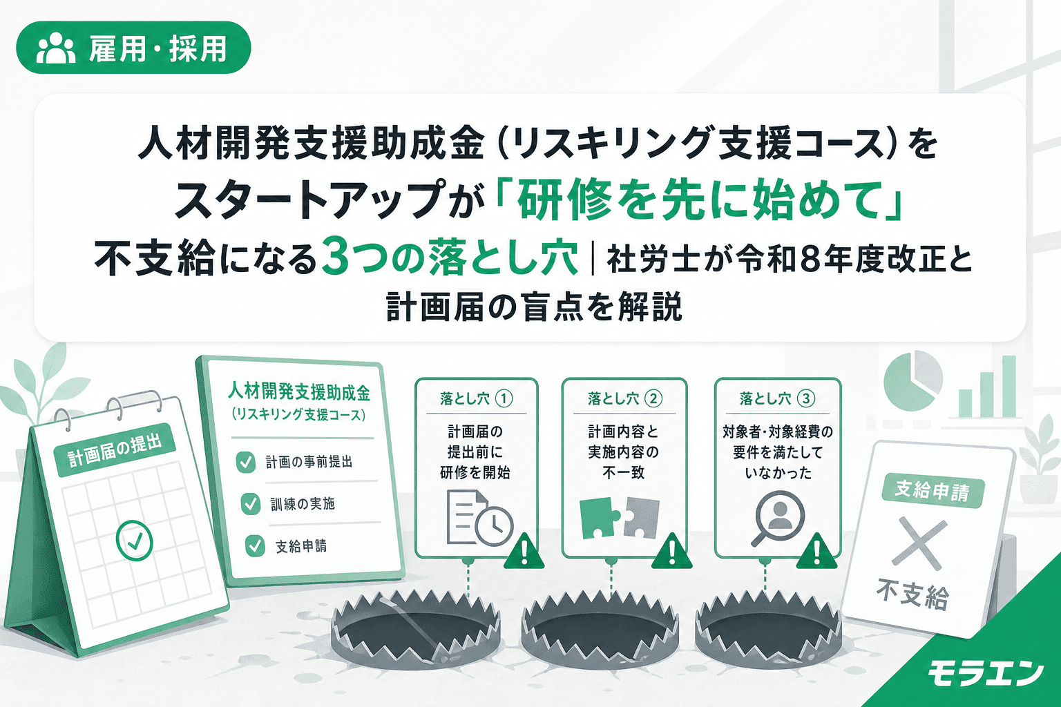 人材開発支援助成金(リスキリング支援コース)をスタートアップが「研修を先に始めて」不支給になる3つの落とし穴|社労士が令和8年度改正と計画届の盲点を解説