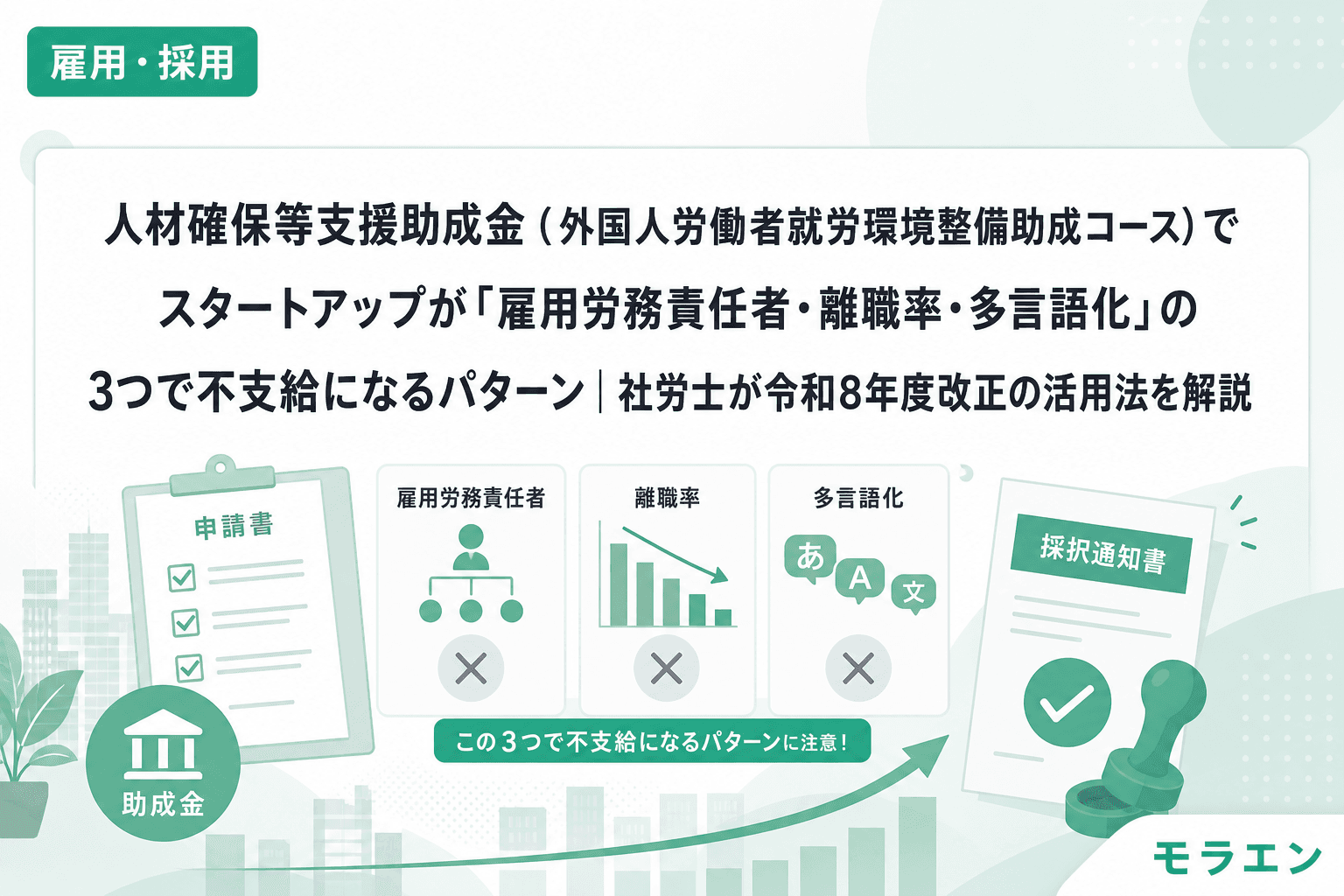 人材確保等支援助成金(外国人労働者就労環境整備助成コース)でスタートアップが「雇用労務責任者・離職率・多言語化」の3つで不支給になるパターン|社労士が令和8年度改正の活用法を解説
