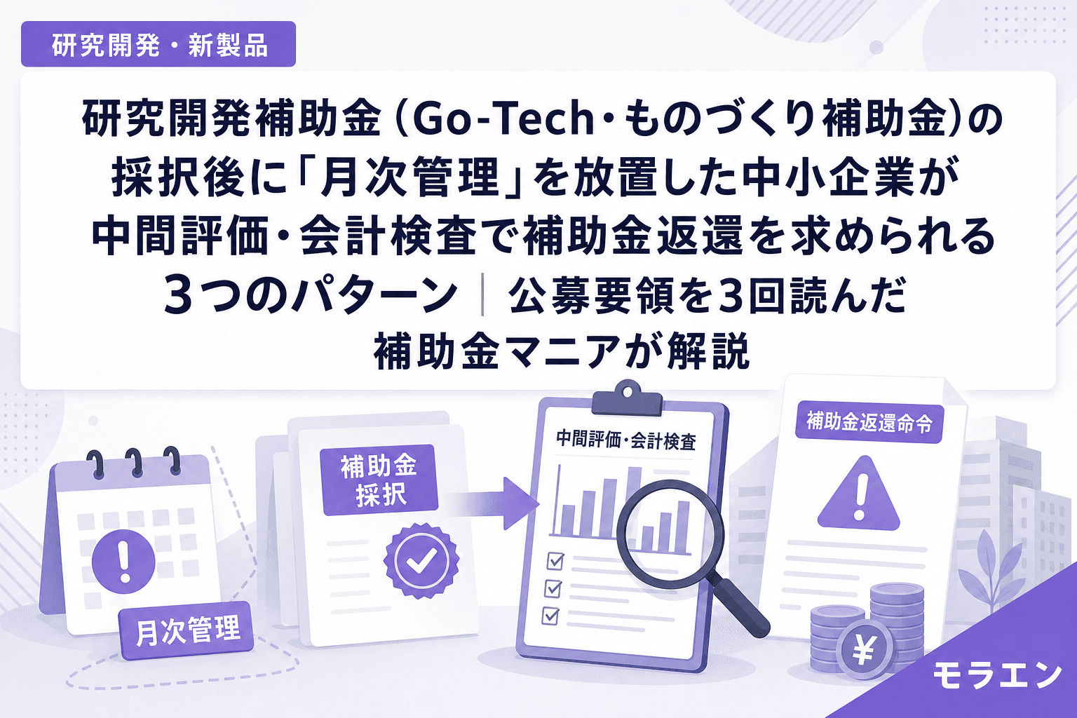 研究開発補助金(Go-Tech・ものづくり補助金)の採択後に「月次管理」を放置した中小企業が中間評価・会計検査で補助金返還を求められる3つのパターン|公募要領を3回読んだ補助金マニアが解説