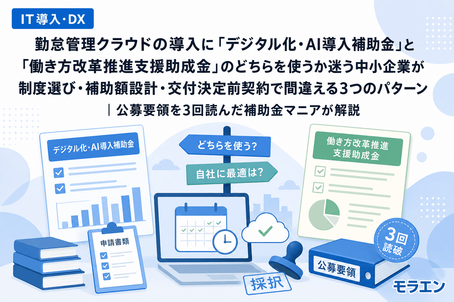 勤怠管理クラウドの導入に「デジタル化・AI導入補助金」と「働き方改革推進支援助成金」のどちらを使うか迷う中小企業が制度選び・補助額設計・交付決定前契約で間違える3つのパターン|公募要領を3回読んだ補助金マニアが解説
