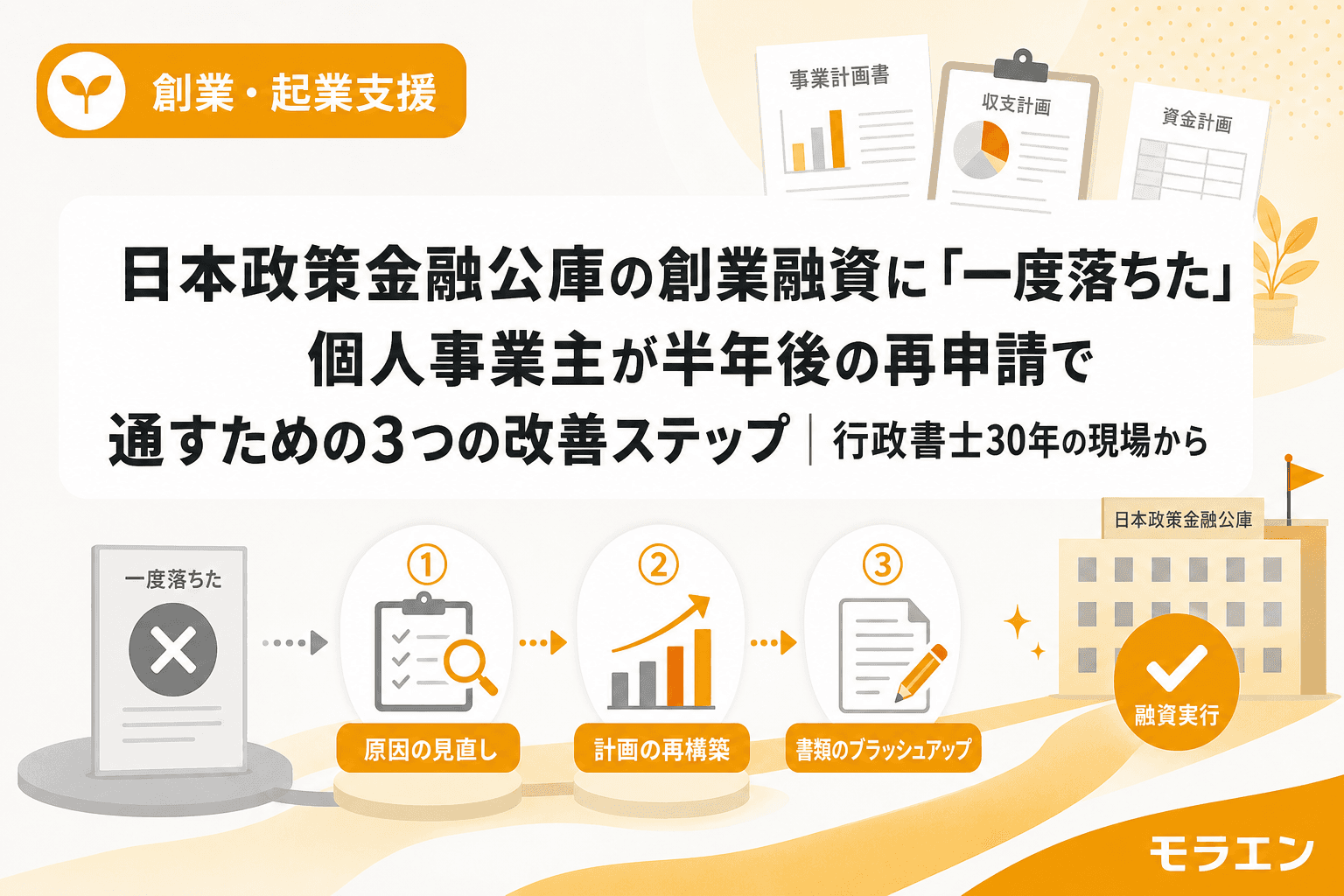 日本政策金融公庫の創業融資に「一度落ちた」個人事業主が半年後の再申請で通すための3つの改善ステップ|行政書士30年の現場から