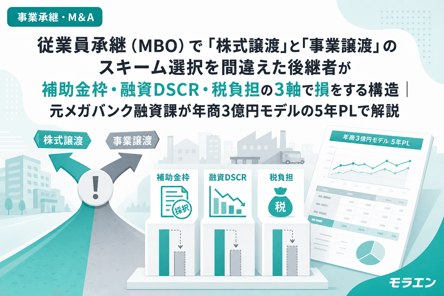 従業員承継(MBO)で「株式譲渡」と「事業譲渡」のスキーム選択を間違えた後継者が補助金枠・融資DSCR・税負担の3軸で損をする構造|元メガバンク融資課が年商3億円モデルの5年PLで解説