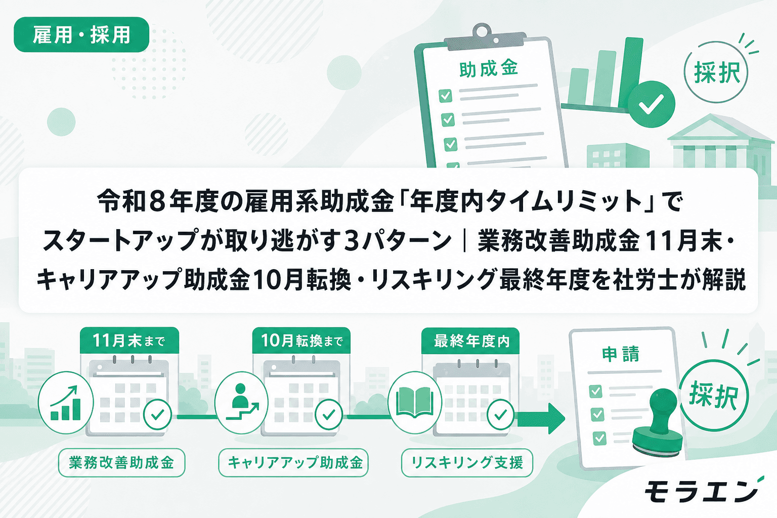 令和8年度の雇用系助成金「年度内タイムリミット」でスタートアップが取り逃がす3パターン|業務改善助成金11月末・キャリアアップ助成金10月転換・リスキリング最終年度を社労士が解説