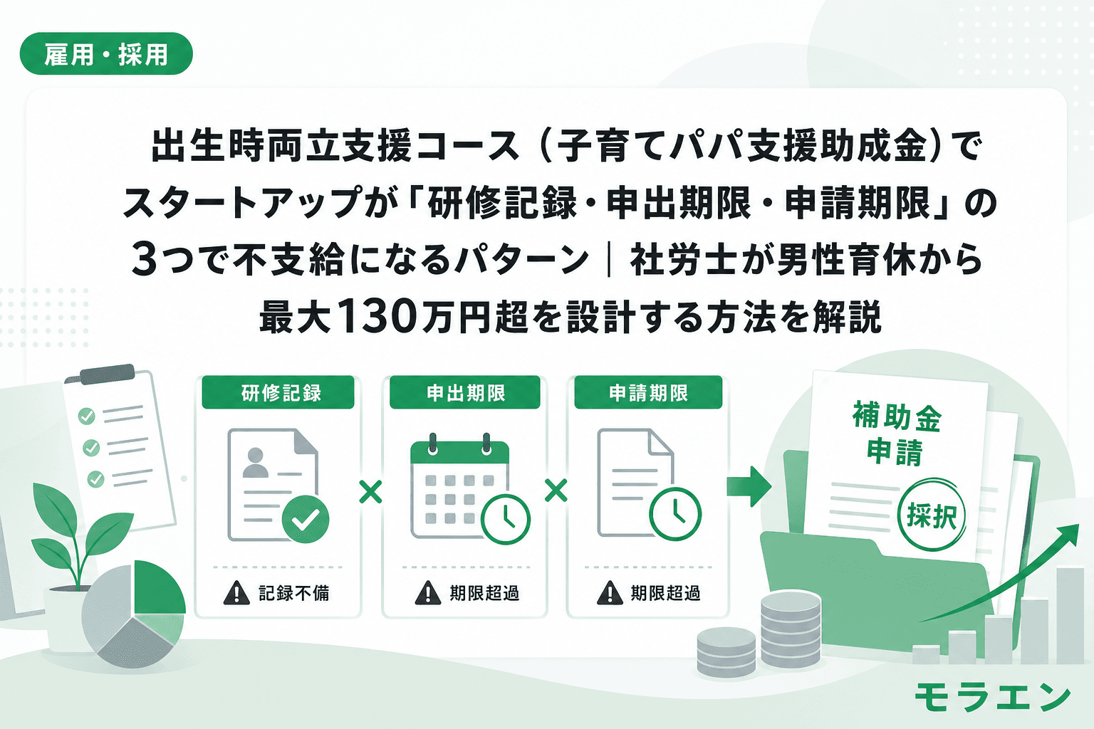 出生時両立支援コース(子育てパパ支援助成金)でスタートアップが「研修記録・申出期限・申請期限」の3つで不支給になるパターン|社労士が男性育休から最大130万円超を設計する方法を解説