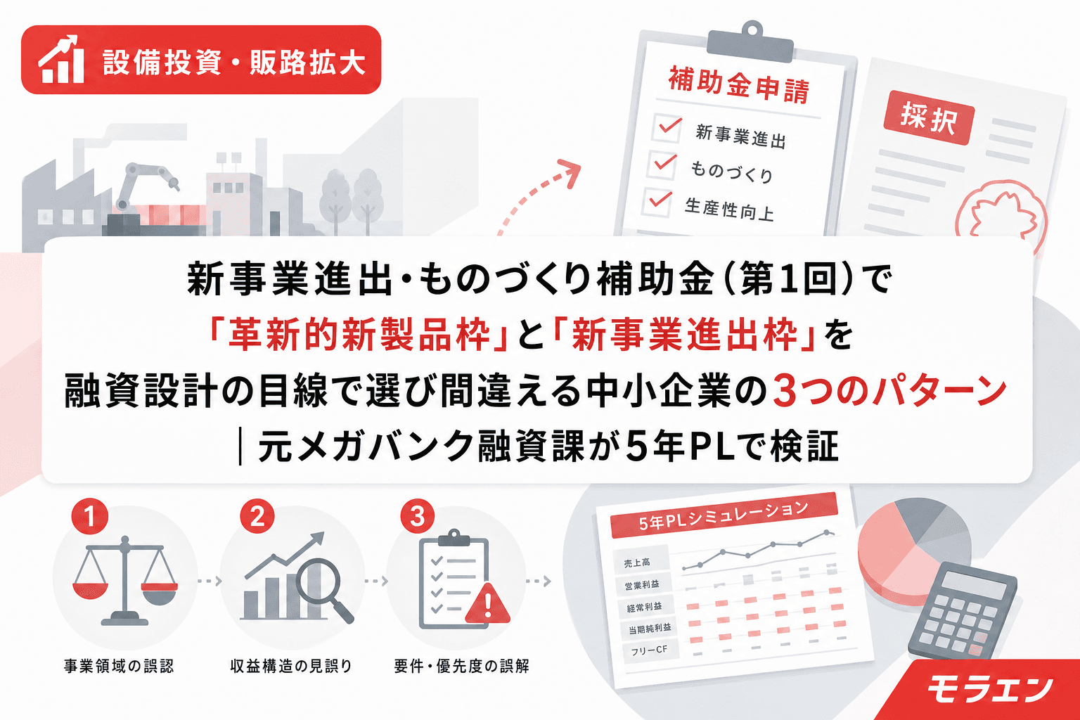 新事業進出・ものづくり補助金(第1回)で「革新的新製品枠」と「新事業進出枠」を融資設計の目線で選び間違える中小企業の3つのパターン|元メガバンク融資課が5年PLで検証