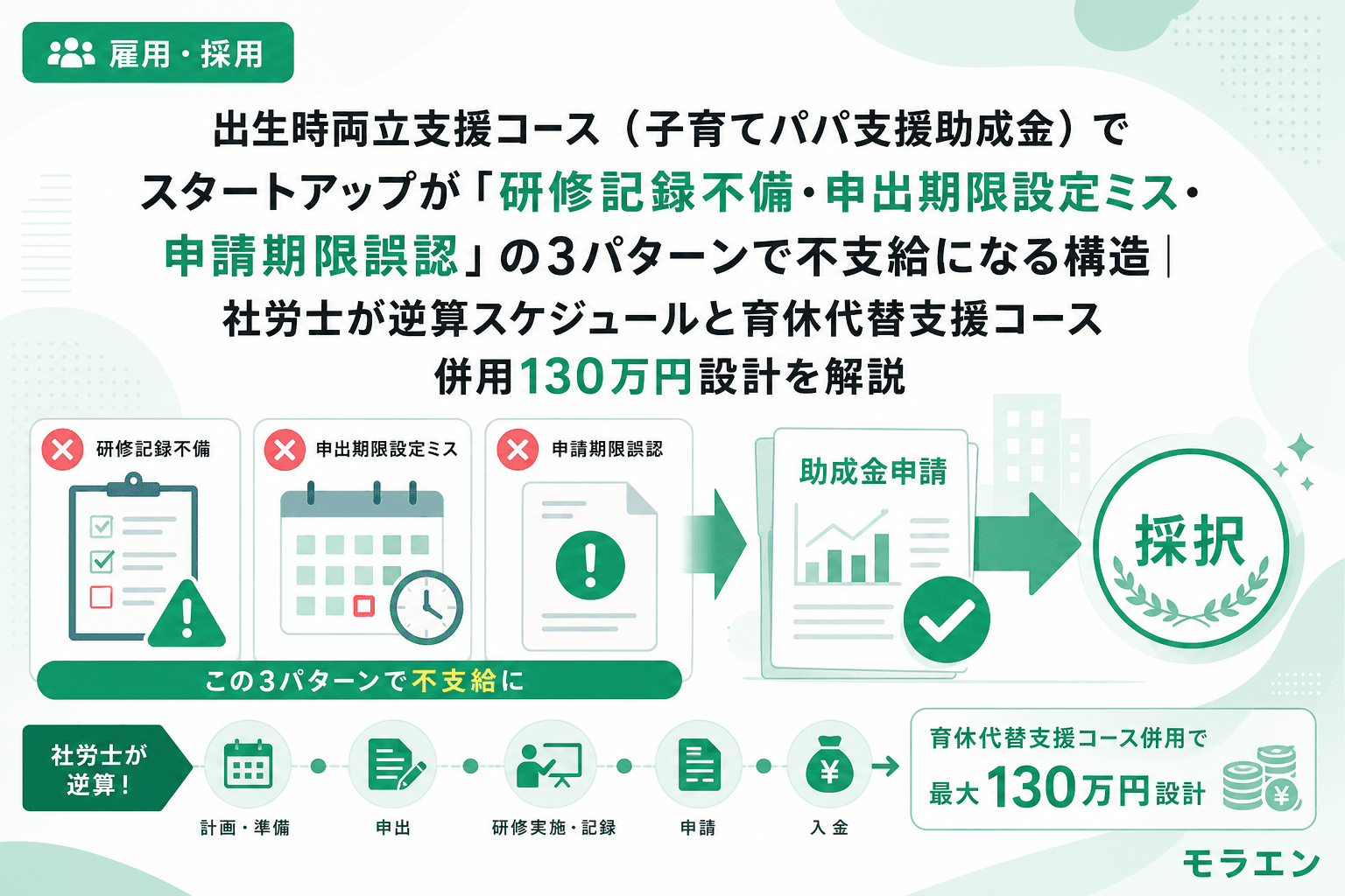 出生時両立支援コース(子育てパパ支援助成金)でスタートアップが「研修記録不備・申出期限設定ミス・申請期限誤認」の3パターンで不支給になる構造|社労士が逆算スケジュールと育休代替支援コース併用130万円設計を解説