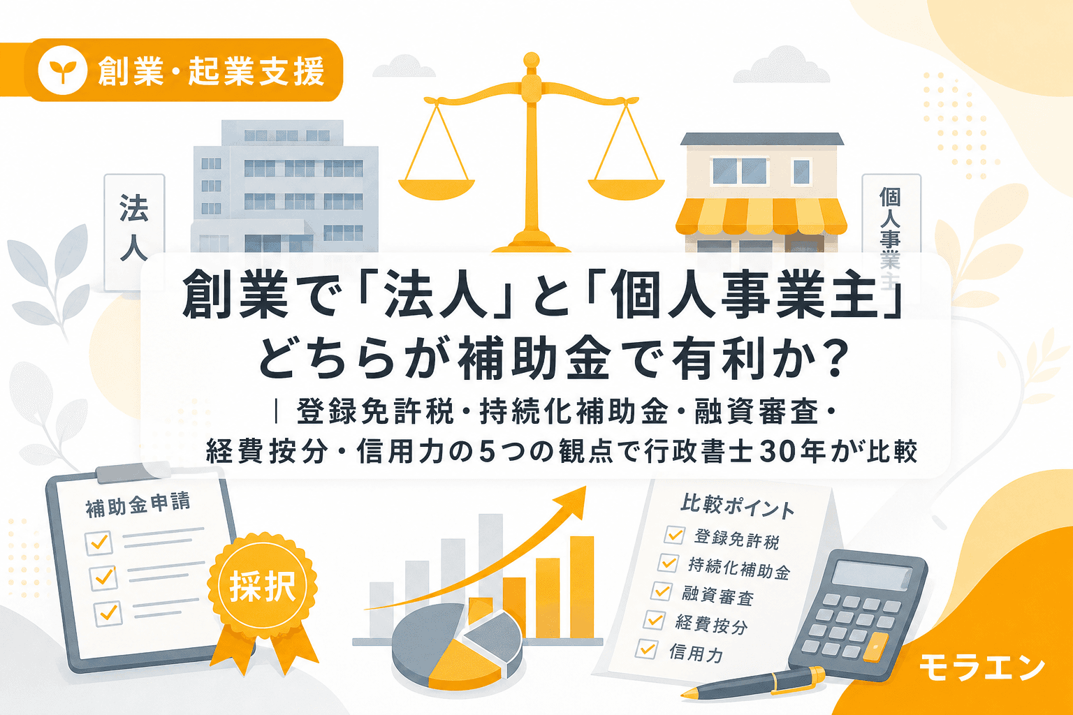 創業で「法人」と「個人事業主」どちらが補助金で有利か?|登録免許税・持続化補助金・融資審査・経費按分・信用力の5つの観点で行政書士30年が比較