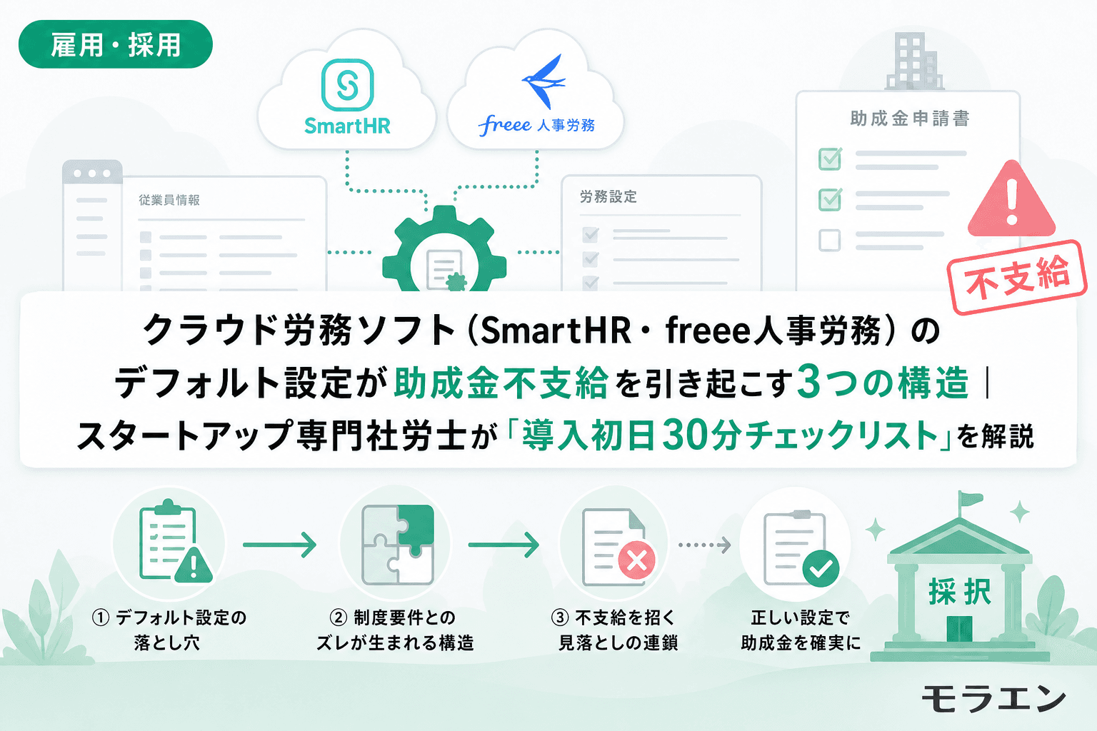 クラウド労務ソフト(SmartHR・freee人事労務)のデフォルト設定が助成金不支給を引き起こす3つの構造|スタートアップ専門社労士が「導入初日30分チェックリスト」を解説