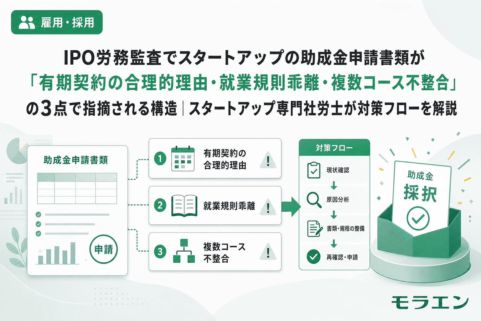 IPO労務監査でスタートアップの助成金申請書類が「有期契約の合理的理由・就業規則乖離・複数コース不整合」の3点で指摘される構造|スタートアップ専門社労士が対策フローを解説