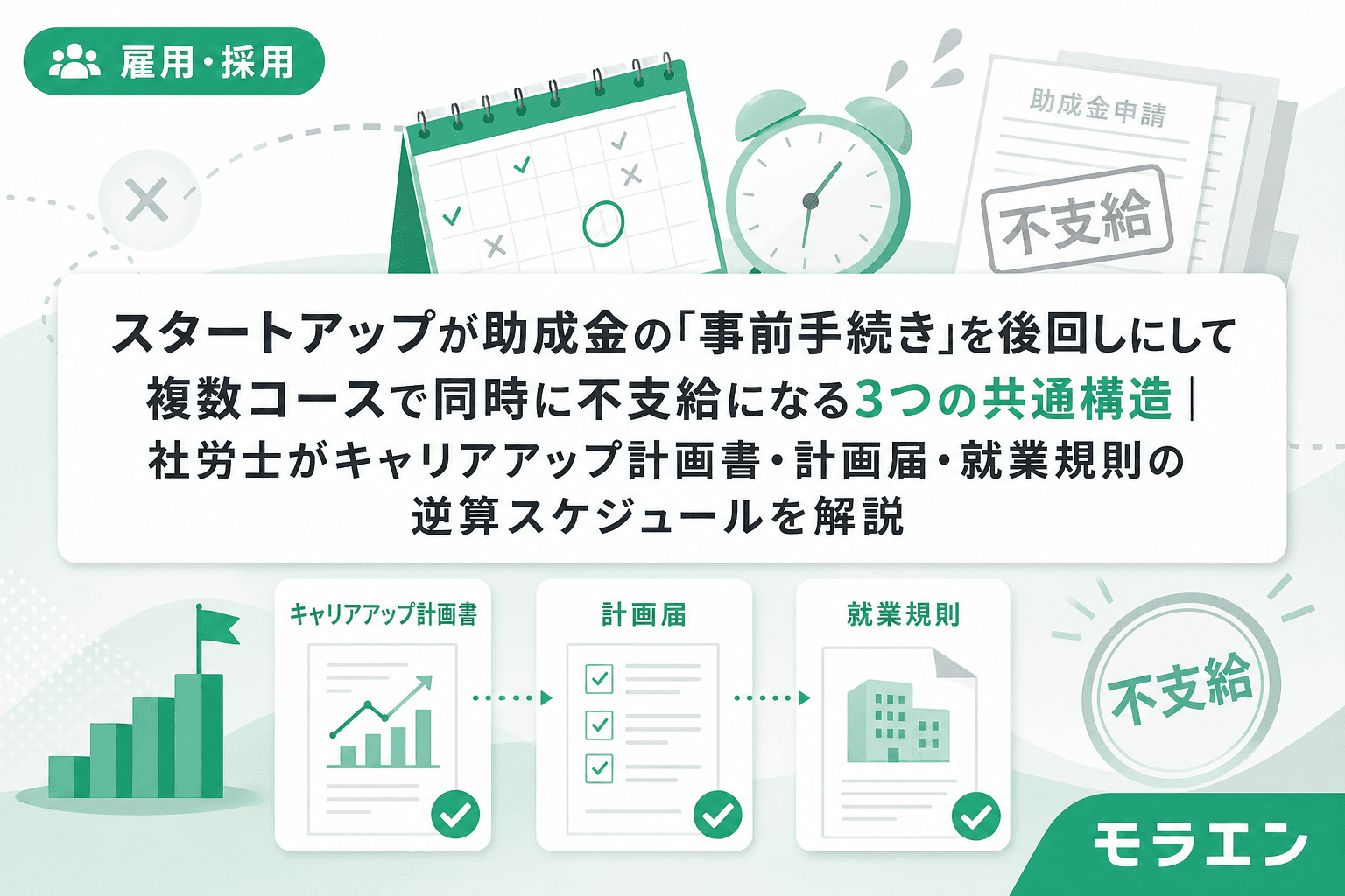 スタートアップが助成金の「事前手続き」を後回しにして複数コースで同時に不支給になる3つの共通構造|社労士がキャリアアップ計画書・計画届・就業規則の逆算スケジュールを解説